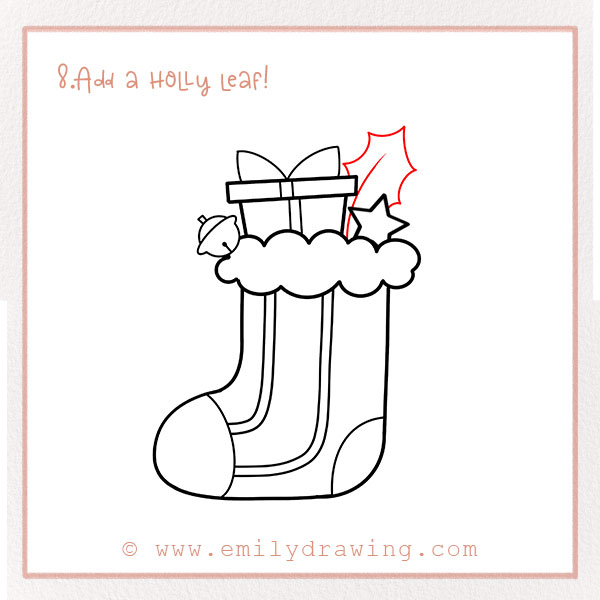 How To Draw a Christmas Stocking - Step 8 – Add a holly leaf!