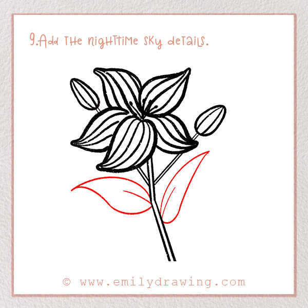 How to Draw a Lily - Step 9 – Draw leaves on the flower.