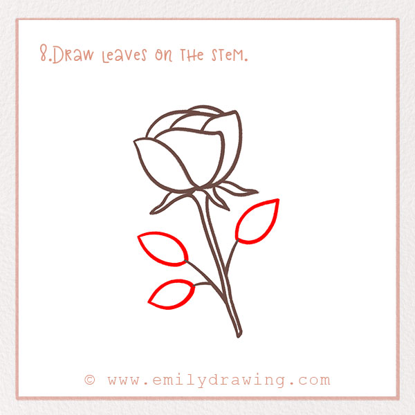 How to Draw a Rose - Step 8 – Draw leaves on the stem.