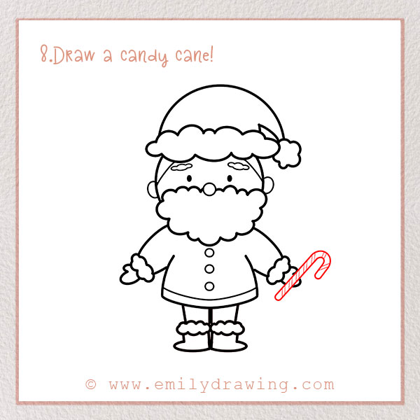 How to Draw Santa Claus - Step 8 – Draw a candy cane!