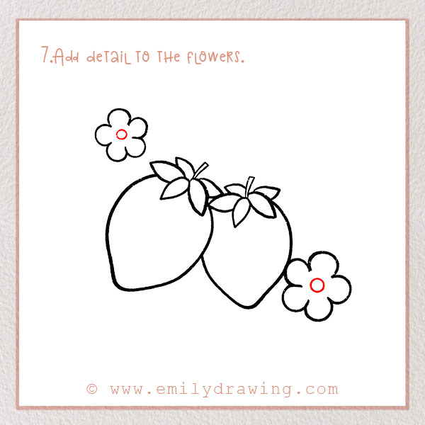 How to Draw a Strawberry - Step 7 –  Add detail to the flowers.