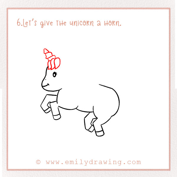 How To Draw a Unicorn - Step 6 - Let’s give the unicorn a horn. 