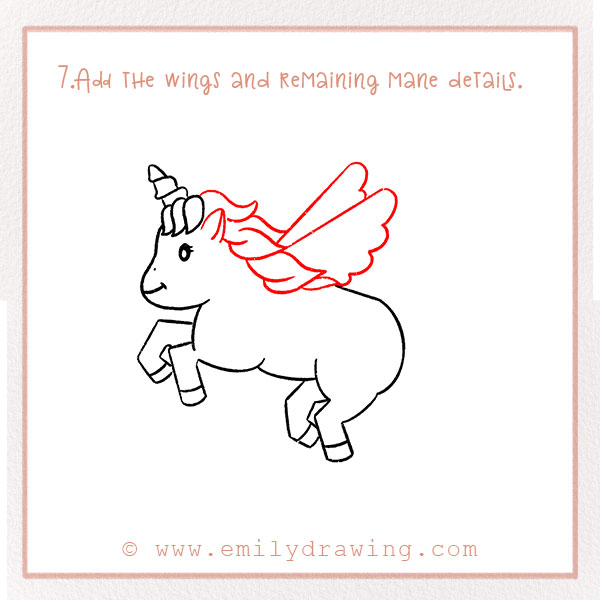 How To Draw a Unicorn - Step 7 - Add the wings and remaining mane details.