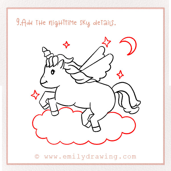 How To Draw a Unicorn - Step 9 - Add the nighttime sky details.