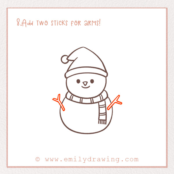 How to Draw a Snowman - Step 8 – Add two sticks for arms!