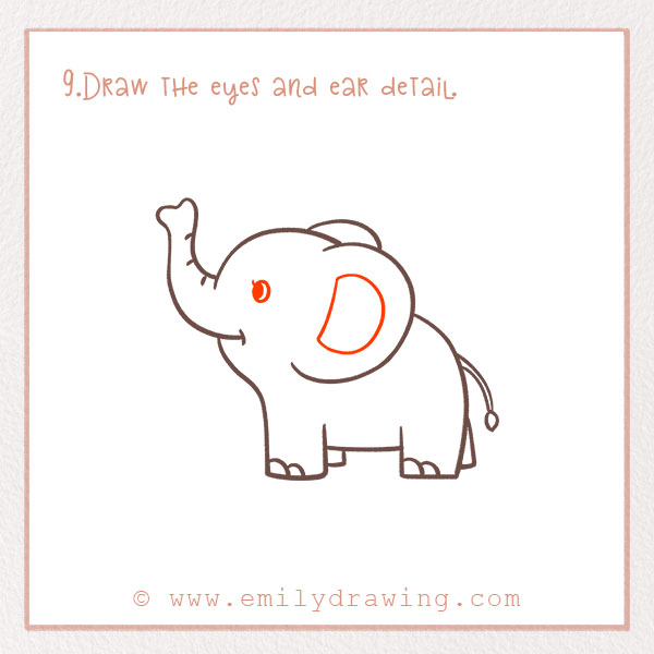 How to Draw an Elephant - Step 9 – Draw the eyes and ear detail.