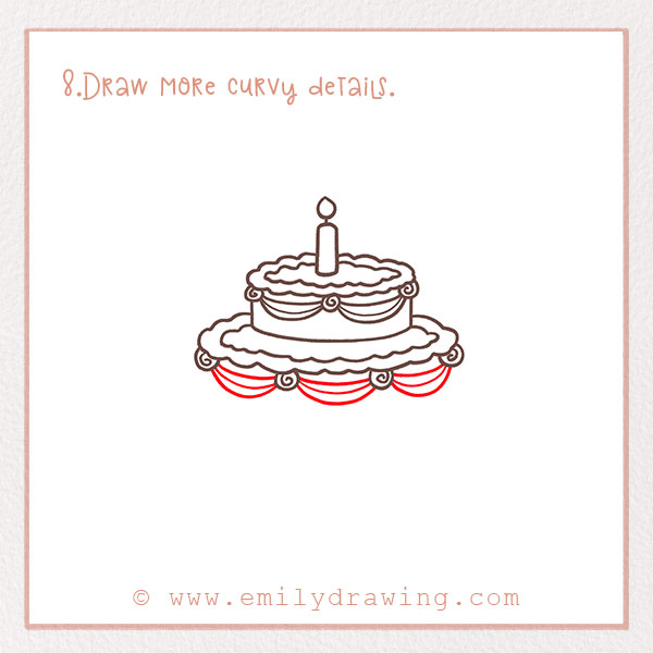 How to Draw a Birthday Cake - Step 8 – Draw more curvy details.