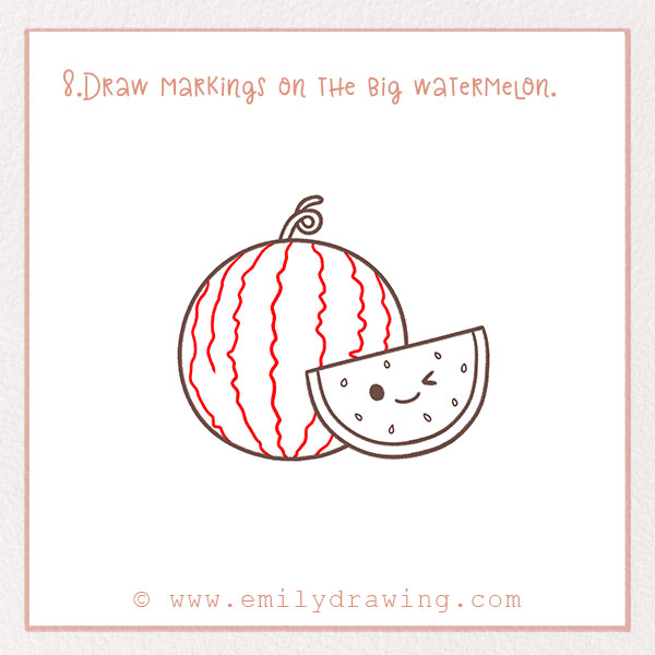 How to Draw a Watermelon - Step 8 – Draw markings on the big watermelon.