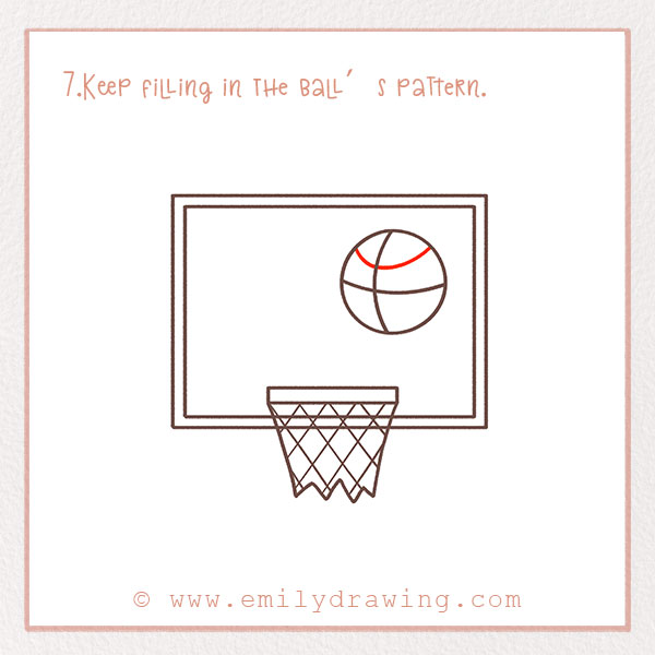 How to Draw a basketball - Step 7 – Keep filling in the ball’s pattern. 