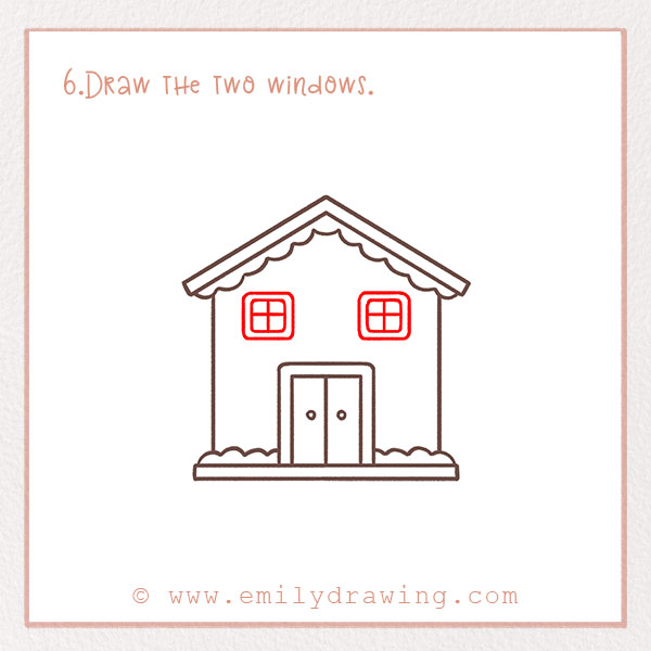 How to Draw a Gingerbread House - Step 6 – Draw the two windows.