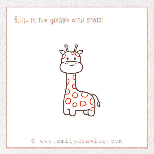 How to Draw a Giraffe - Step 9 – Fill in the giraffe with spots!