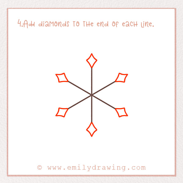 How to Draw a Snowflake - Step 4 – Add diamonds to the end of each line.