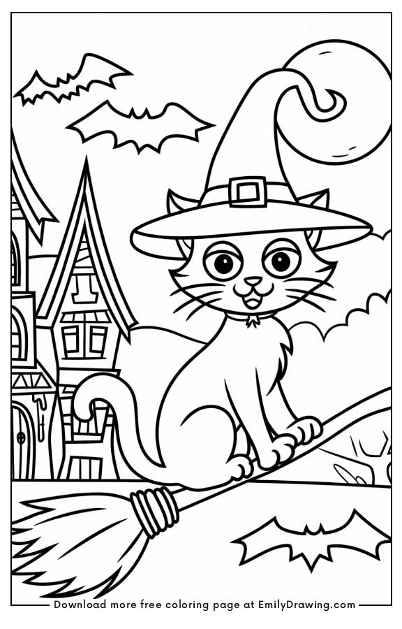 Free printable A black cat with a witch’s hat sitting on a broomstick coloring pages with PDF files for download and printing!