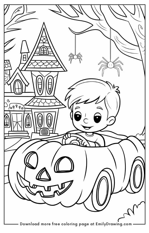 Free printable A boy and his pumpkin car coloring pages with PDF files for download and printing!