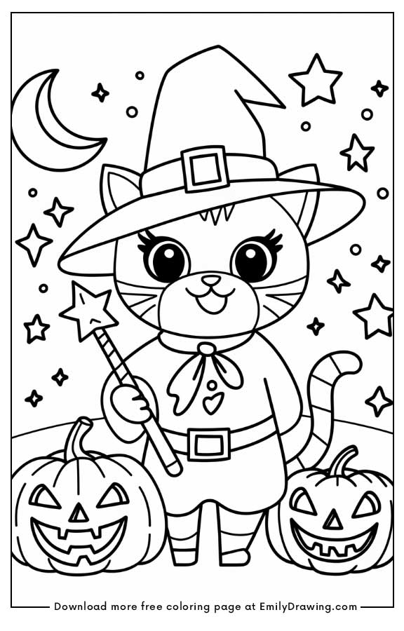 Free printable A cute cat in a Halloween costume coloring pages with PDF files for download and printing!