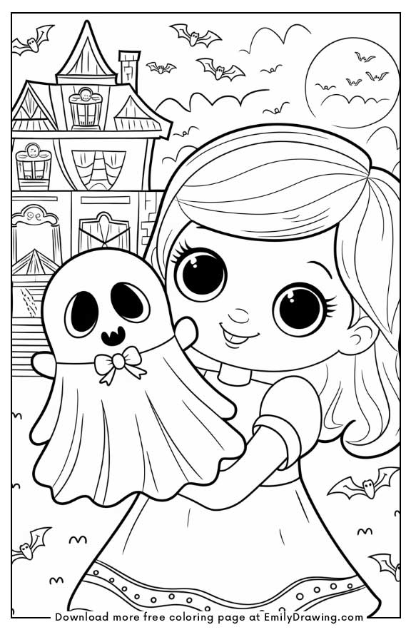 Free printable A cute girl with a ghost doll coloring pages with PDF files for download and printing!