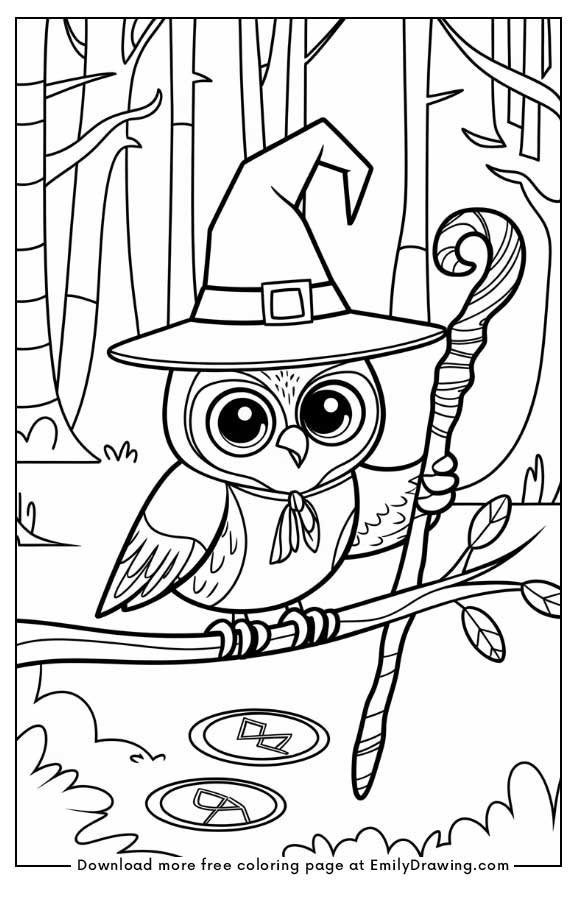 Free printable A cute owl dressed as a wizard coloring pages with PDF files for download and printing!