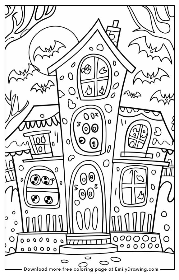 Free printable A doodle haunted house with funny, wiggly windows and doors  coloring pages with PDF files for download and printing!