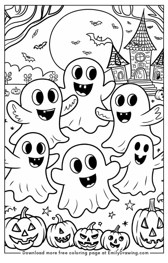 Free printable A doodle of smiling ghosts holding hands in a circle coloring pages with PDF files for download and printing!