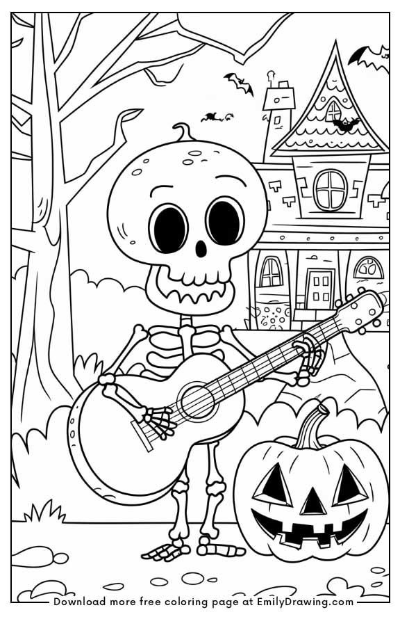 Free printable A doodle skeleton playing a guitar next to a pumpkin coloring pages with PDF files for download and printing!