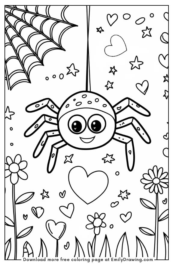 Free printable A doodle spider hanging from a web coloring pages with PDF files for download and printing!