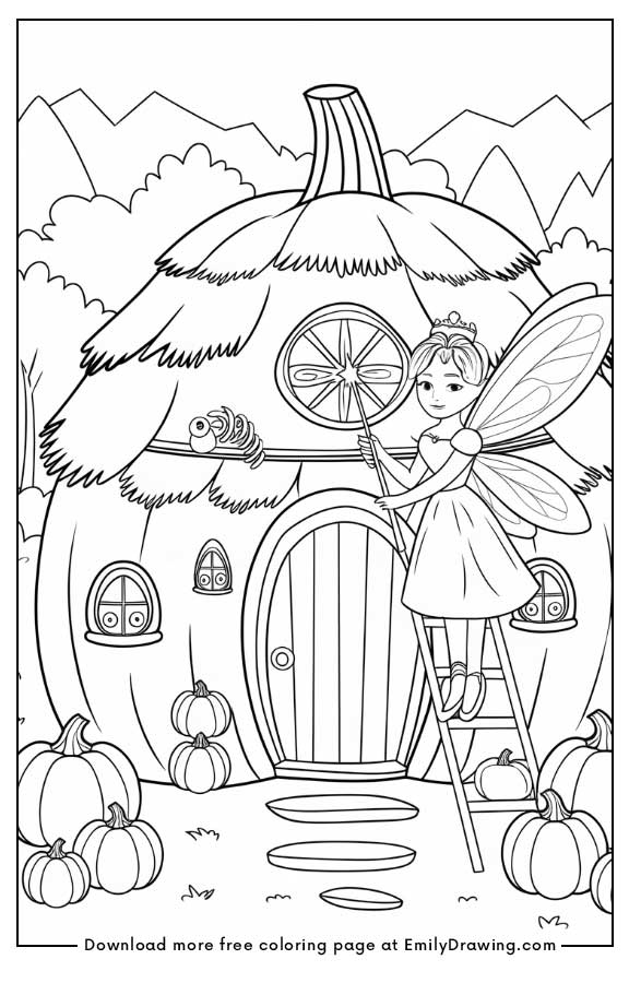 Free printable A fairy princess decorating a pumpkin house coloring pages with PDF files for download and printing!