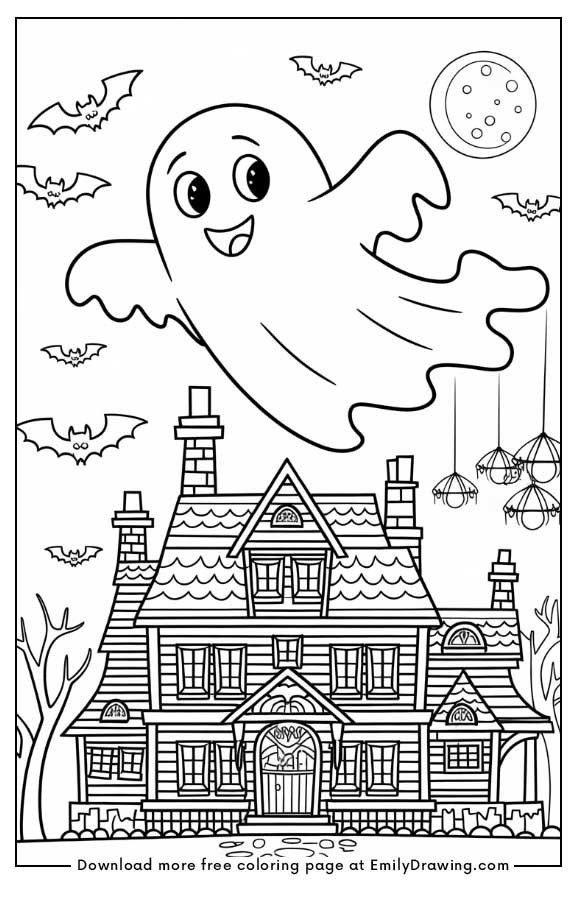 Free printable A friendly ghost flying around a big haunted house coloring pages with PDF files for download and printing!