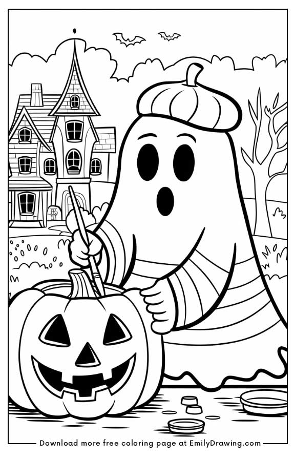 Free printable A ghost painting a pumpkin coloring pages with PDF files for download and printing!