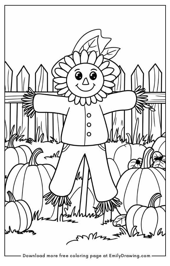 Free printable A happy scarecrow and pumpkins coloring pages with PDF files for download and printing!