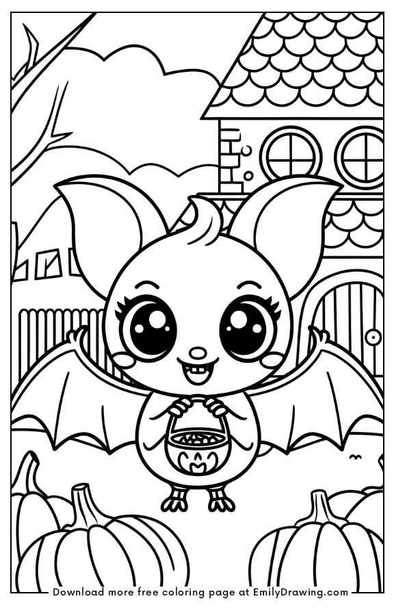 Free printable A kawaii bat holding a tiny candy bucket coloring pages with PDF files for download and printing!