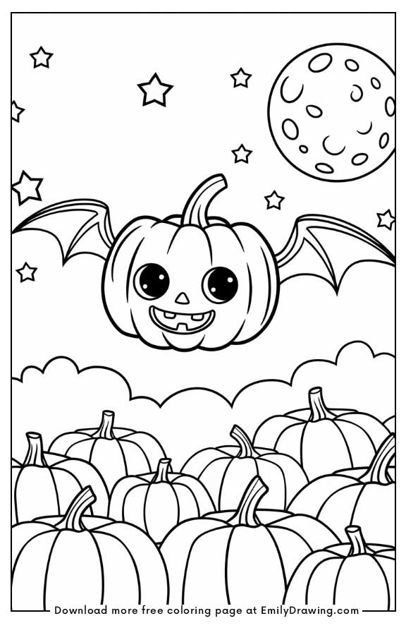 Free printable A kawaii pumpkin with bat wings flying under the moon coloring pages with PDF files for download and printing!