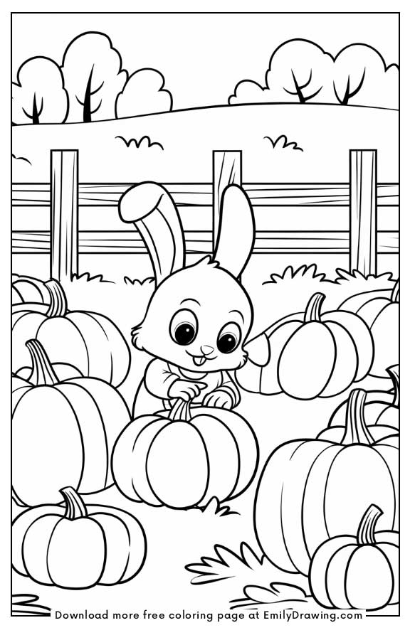 Free printable A little bunny picking pumpkins in a pumpkin field coloring pages with PDF files for download and printing!