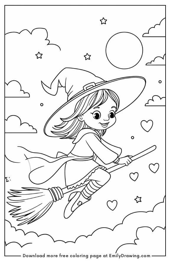 Free printable A little witch riding her broomstick across the night sky coloring pages with PDF files for download and printing!