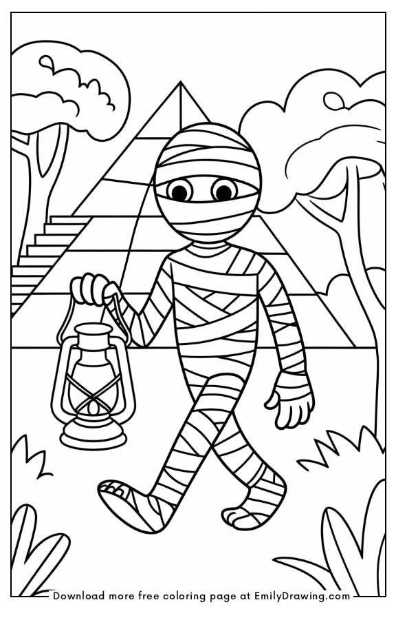 Free printable A mummy walking with a lantern coloring pages with PDF files for download and printing!