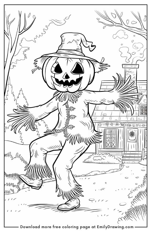 Free printable A pumpkin-headed scarecrow dancing coloring pages with PDF files for download and printing!