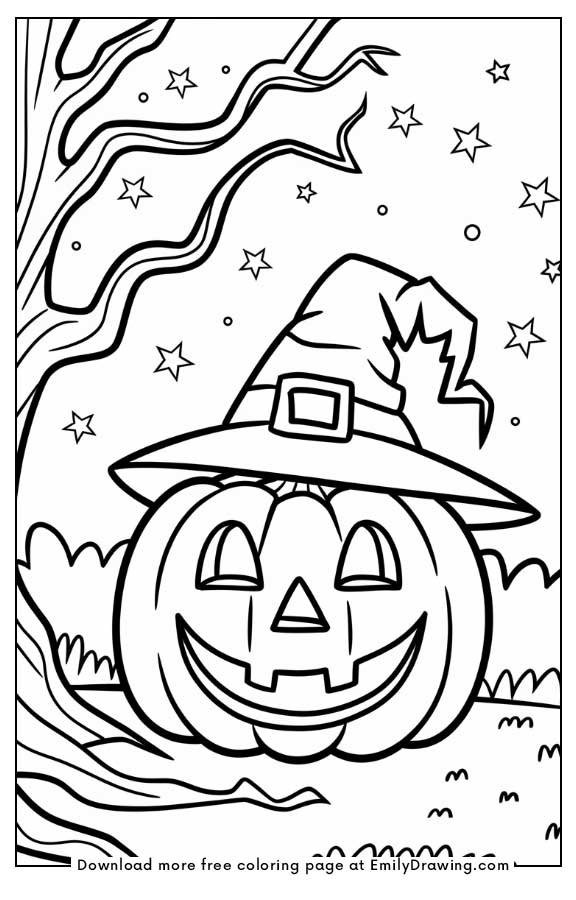 Free printable A pumpkin with a witch hat smiling by a spooky tree coloring pages with PDF files for download and printing!