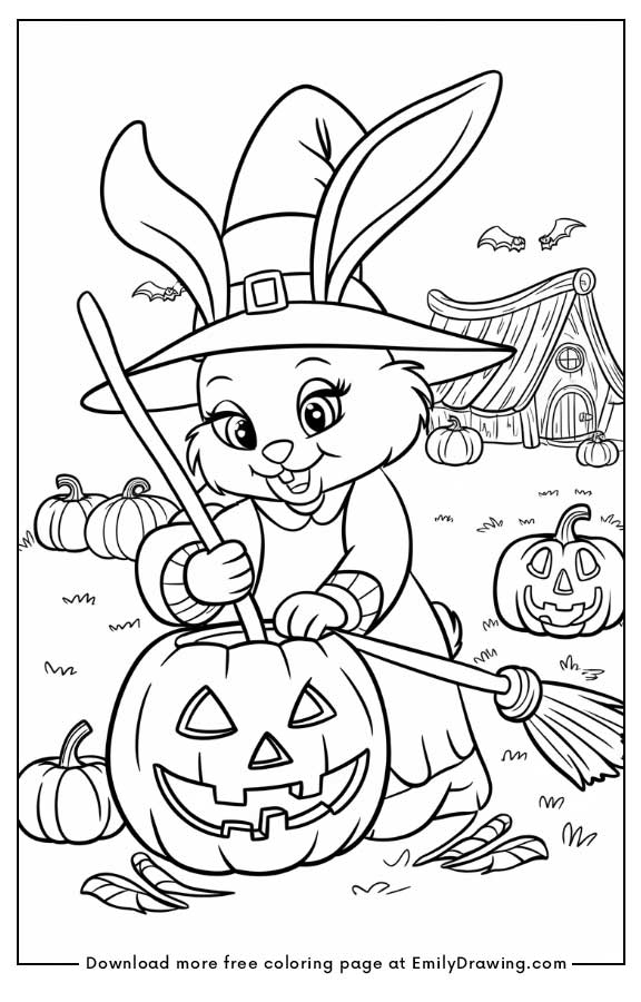 Free printable A witch bunny carving a pumpkin coloring pages with PDF files for download and printing!