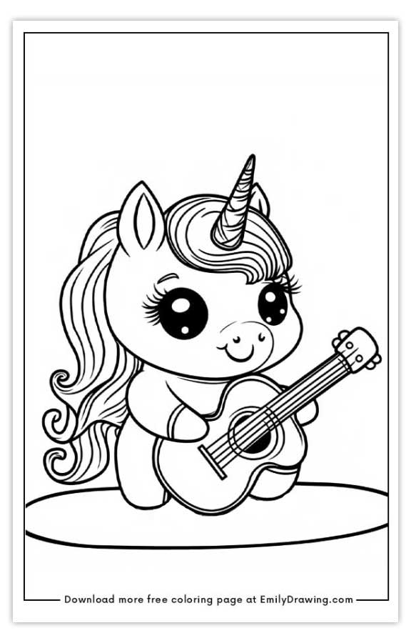 Free printable Baby Unicorn with Guitar coloring pages with PDF files for download and printing!