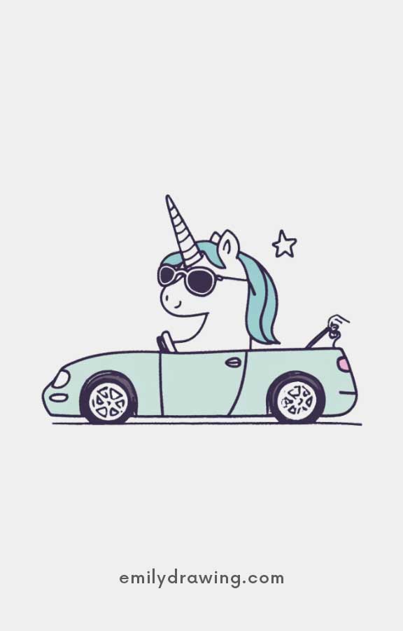 Cute unicorn with sunglasses driving car - Easy Cute Unicorn Drawing Ideas for kids