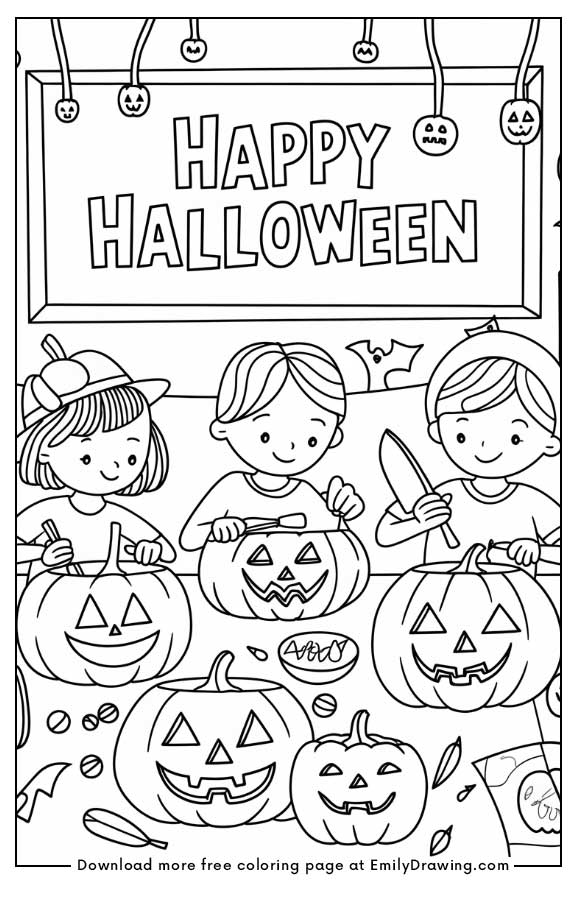 Free printable Kids carving jack-o’-lanterns in a workshop coloring pages with PDF files for download and printing!