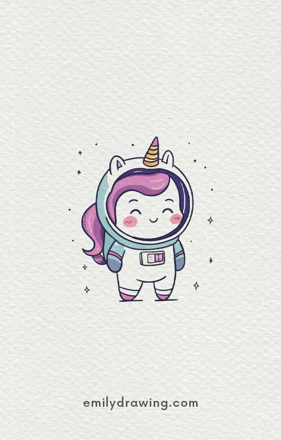 Unicorn Astronaut Standing In Space - Easy Cute Unicorn Drawing Ideas for kids