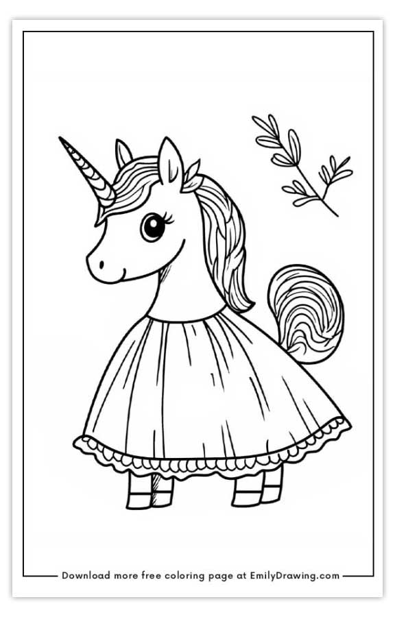 Free printable Unicorn in long dress coloring pages with PDF files for download and printing!