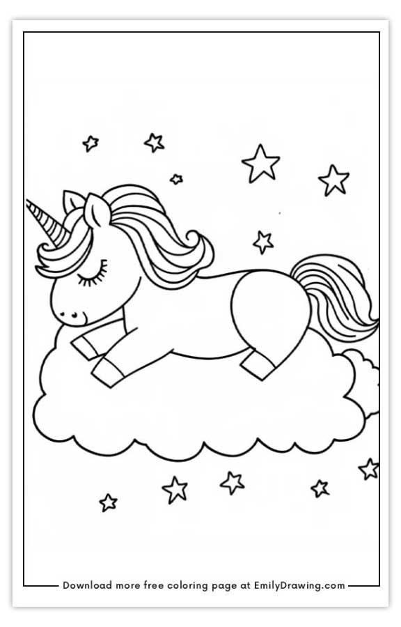 Free printable Unicorn on a cloud coloring pages with PDF files for download and printing!