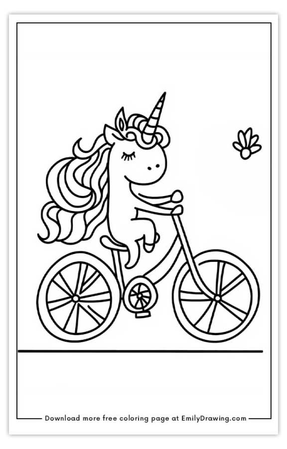 Free printable Unicorn riding a cycle coloring pages with PDF files for download and printing!