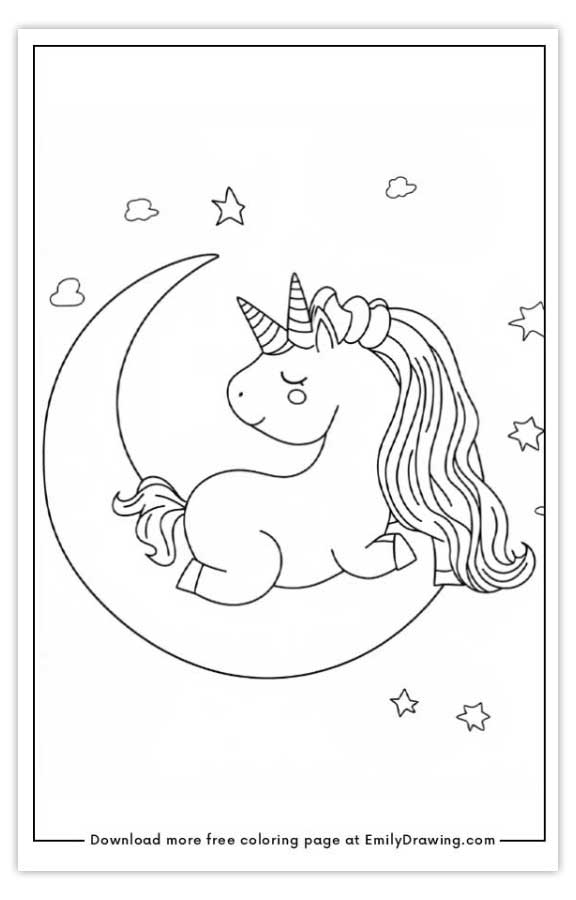 Free printable Unicorn sleeping on moon coloring pages with PDF files for download and printing!