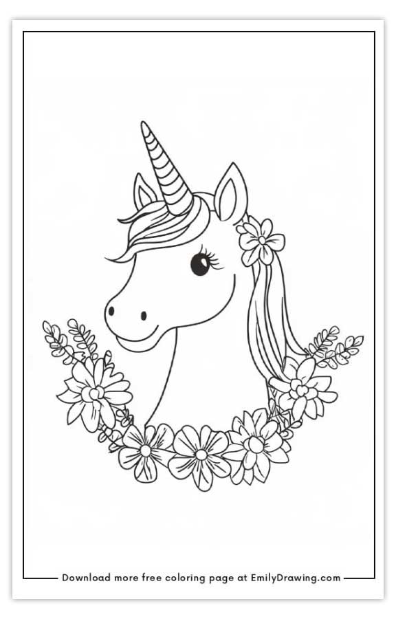 Free printable Unicorn with flowers wreath coloring pages with PDF files for download and printing!