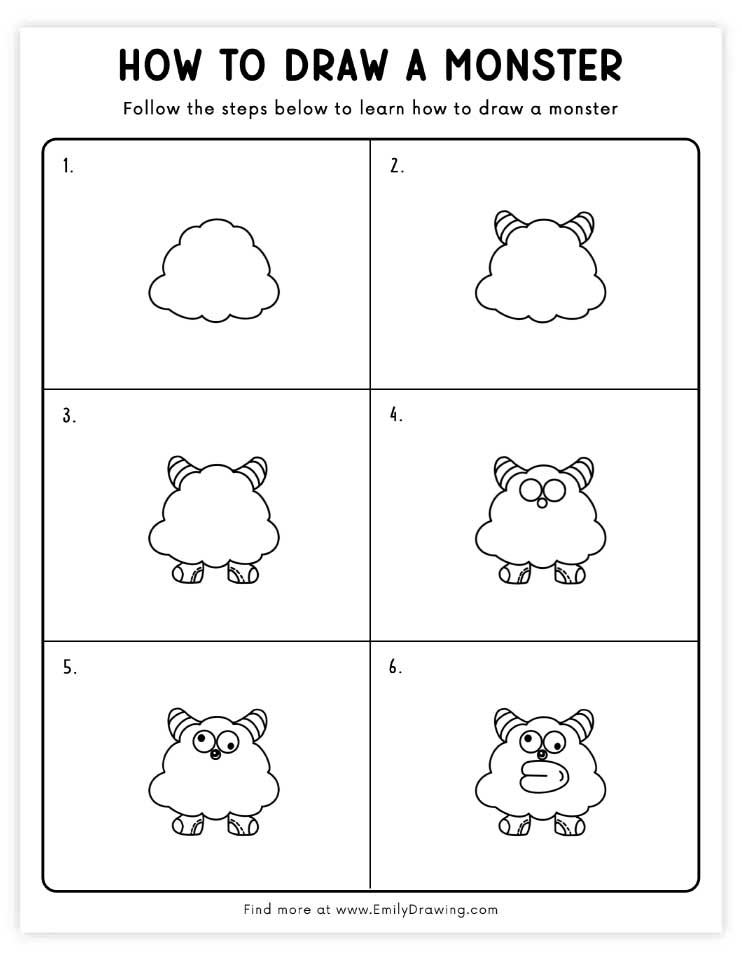 Free printable cute monster drawings tutorials with PDF files for download and printing!