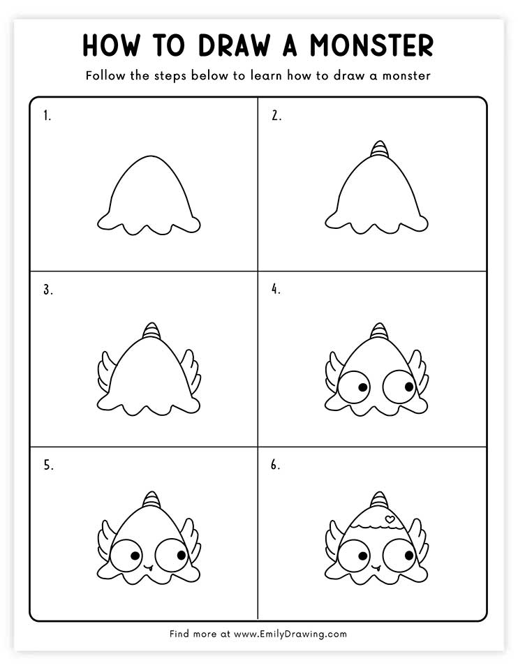 Free printable easy drawing of monster tutorials with PDF files for download and printing!