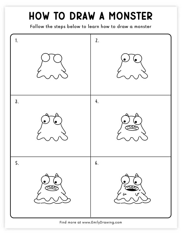 Free printable easy monster drawings tutorials with PDF files for download and printing!