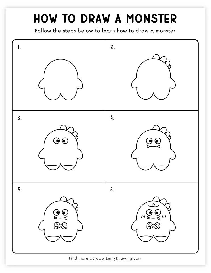 Free printable funny monster drawings tutorials with PDF files for download and printing!